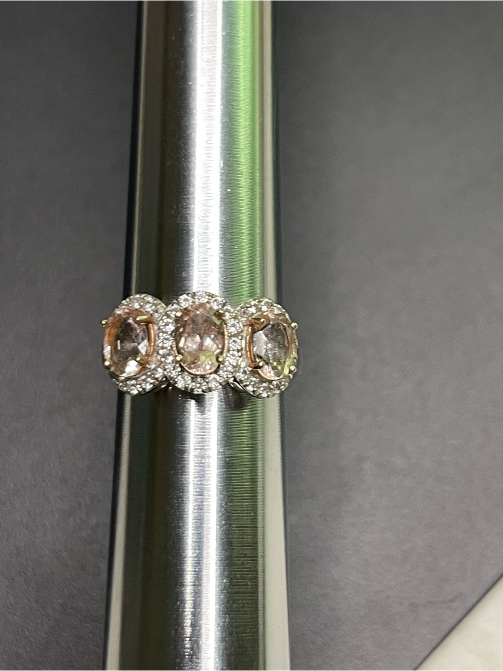Three-Stone Oval Morganite and Diamond Halo Ring - Pink Morganite